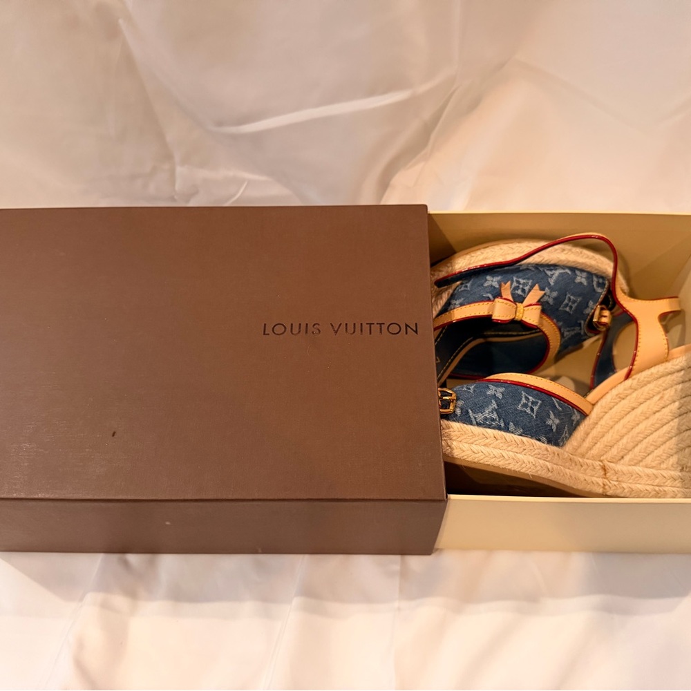 Louis Vuitton Denim and Tan Wedge Sandals - Picture 3 of 5